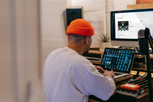 Músico usando Caster en una computadora en un estudio de música con un gorro naranja y una camiseta blanca.