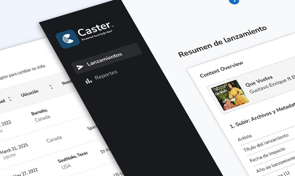 Interfaz de Caster mostrando el resumen de lanzamiento musical y panel de reportes.